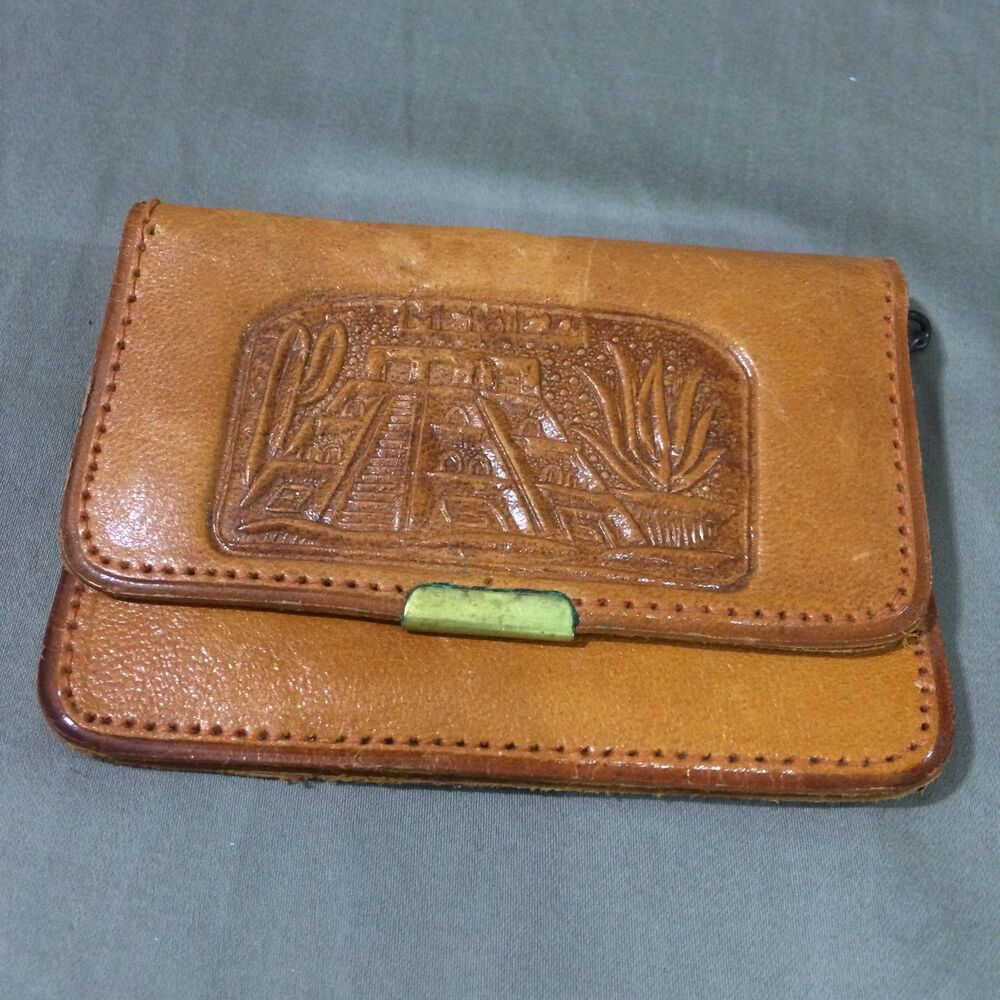 Vintage 70s Mexican Hand Tooled Leather Wallet Aztec Calendar Bifold Mirror